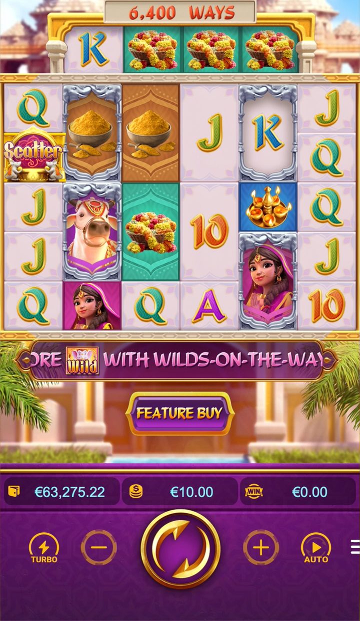 Ganesha Fortune base game: 6,400 ways, framed symbols on reels 2 and 5