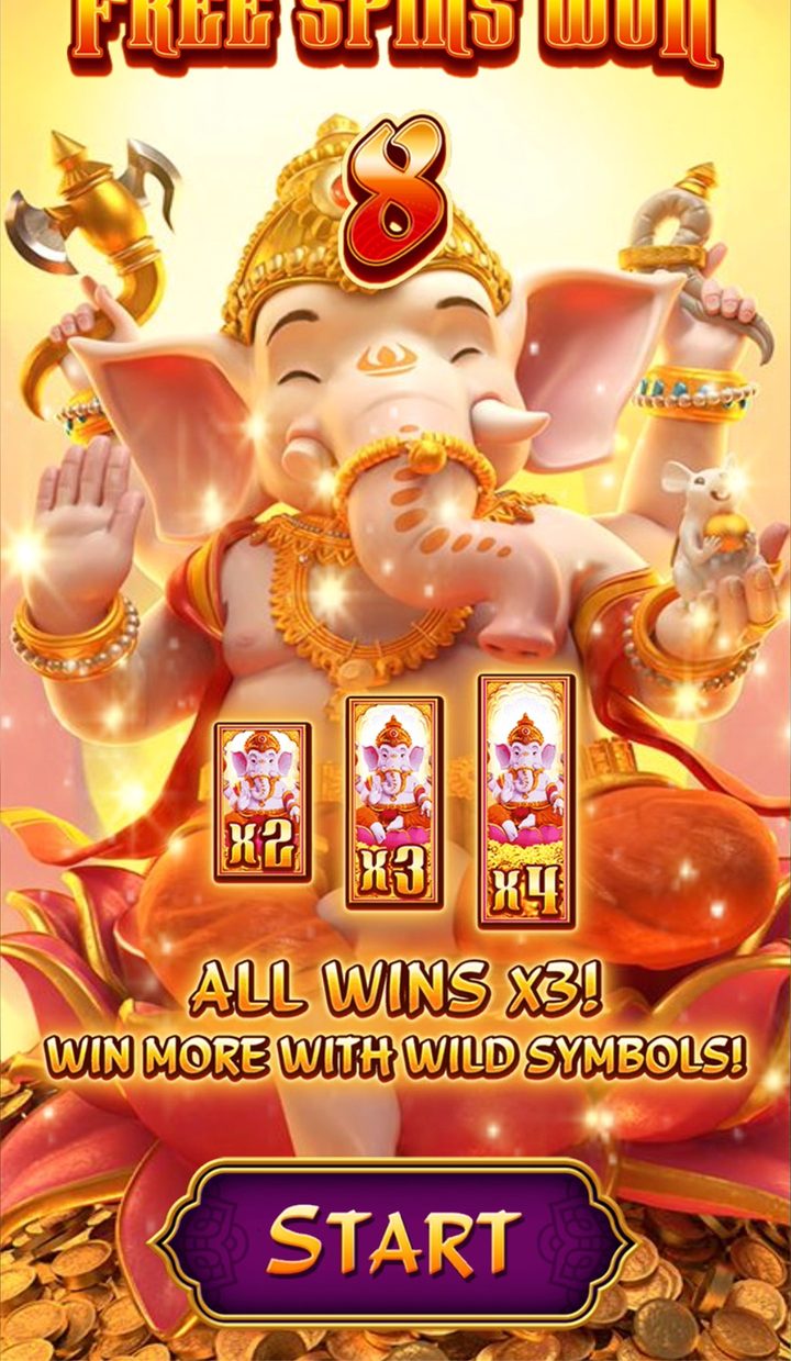 Free spins won screen: 8 spins, all wins x3, Ganesha wilds x2, x3 and x4